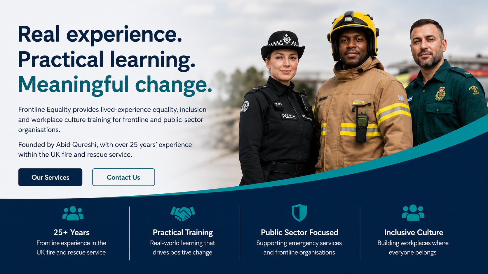 Frontline Equality homepage hero graphic showing key message, emergency service professionals, and core value points